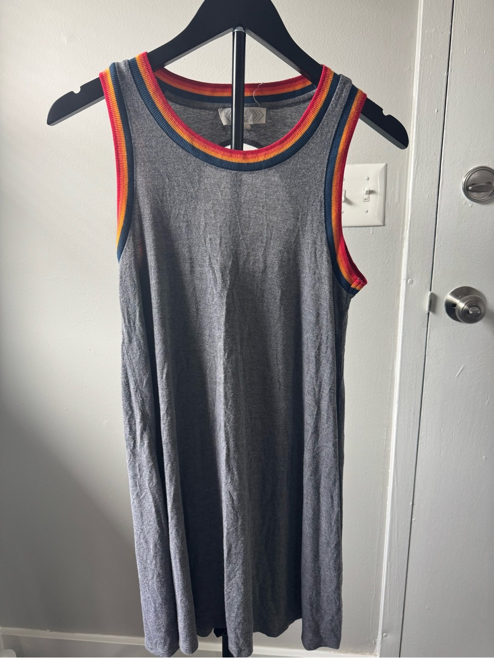 Pink Rose Gray Rainbow Trim Swing Tank Dress Sleeveless Boho Mini Dress Women’s